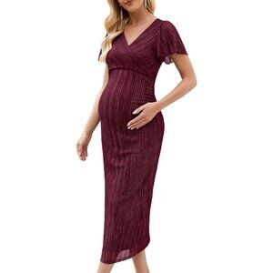 Maternity Dress Sparkly Mesh Wrap Bodycon, L, Burgundy
